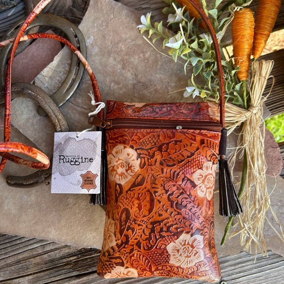 Western Leather Hand painted Crossbody Bag Brown and Tan NWT - Picture 5 of 14